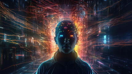 silhouette of Hacker who stands in futuristic digital dark corridor. cybercrime, cyber safe