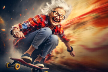 Wrinkled laughing modern dressed old woman with white hair rides skateboard at high speed - Powered by Adobe
