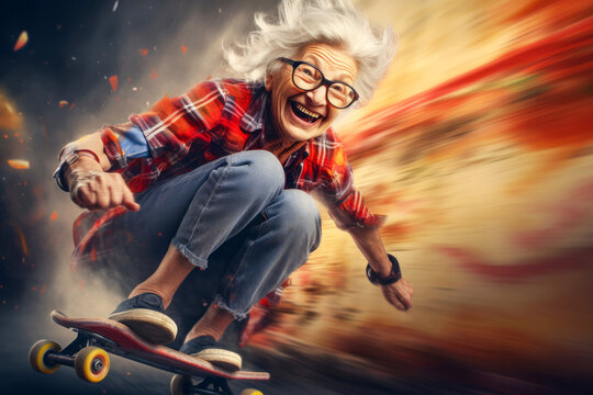 Wrinkled Laughing Modern Dressed Old Woman With White Hair Rides Skateboard At High Speed