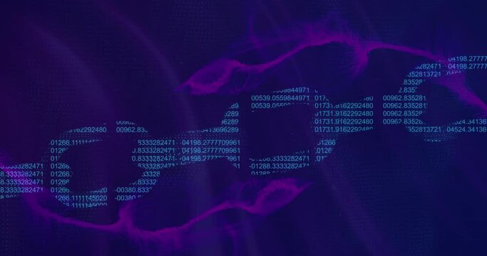 Animation of changing numbers forming blockchain over dynamic waves against abstract background