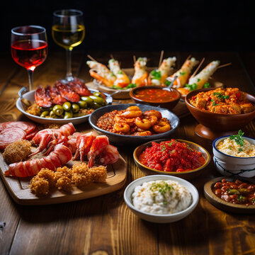 Several plates with tapas surved in bowls at  a wooden table in Andalusia of Spain.