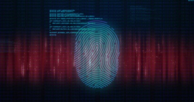 Animation of fingerprint and computer language over abstract pattern against black background