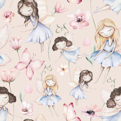 Fairy and Flowers watercolor seamless girls nursery pattern. Cartoon pink magic girl baby background. Faitytale textile art