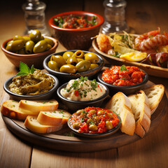 Several plates with tapas surved in bowls at  a wooden table in Andalusia of Spain.