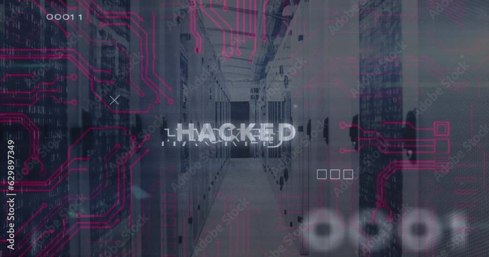 Poster animation of circuit board pattern around hacked text over binary codes on server room