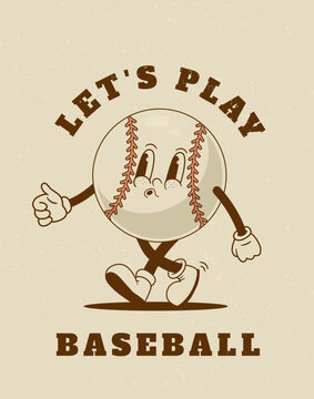 Retro cartoon baseball mascot poster. Vintage game balls character vector illustration. Sport event banner. Design for T shirt