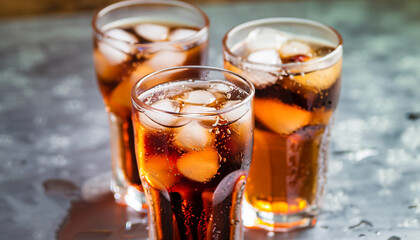 Refreshing Bubbly Soda Pop with Ice Cubes. Cold soda iced drink in a glasses - Selective focus,...