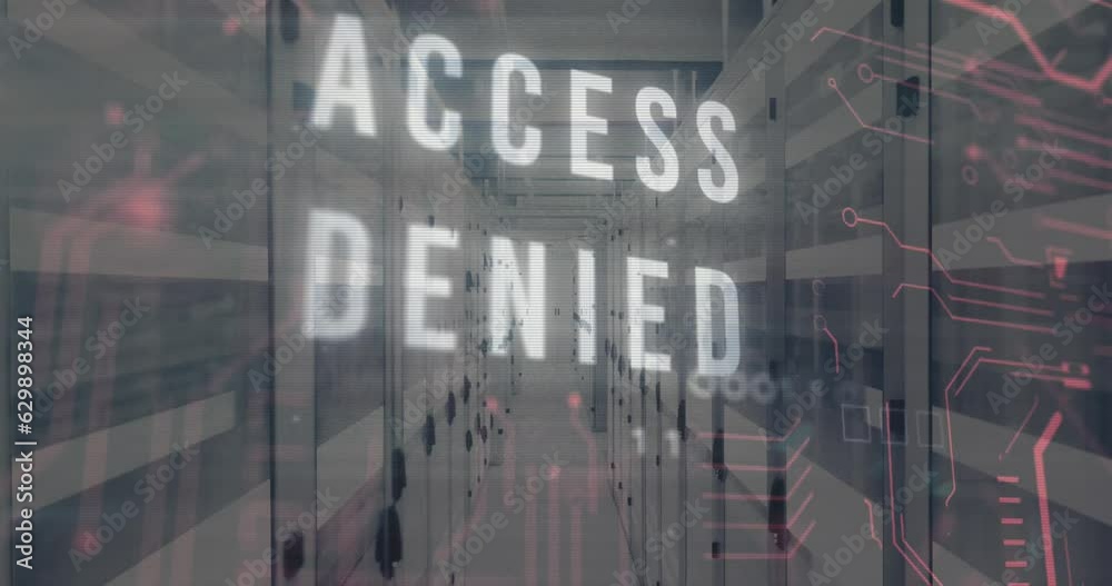Poster animation of access denied text in circuit board pattern and binary codes over bars on server room