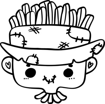 Cute Playful Halloween Scarecrow Costume Kid Doodle. Adorable Spooky Character outline.