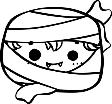 Cute Playful Halloween mummy Costume Kid Doodle. Adorable Spooky Character outline.
