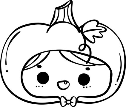Cute Playful Halloween pumpkin Costume Kid Doodle. Adorable Spooky Character outline.