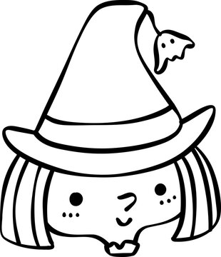 Cute Playful Halloween witch Costume Kid Doodle. Adorable Spooky Character outline.