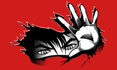 Look and hand of a man from a break in the wall.