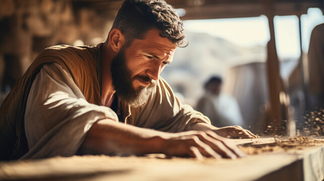 Portrait of the biblical carpenter Joseph in his workshop. Christian scene.