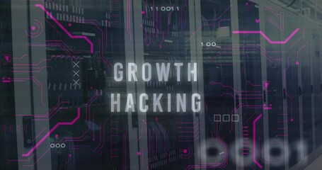 Animation of circuit board pattern around growth hacking text and binary codes over server room - Powered by Adobe