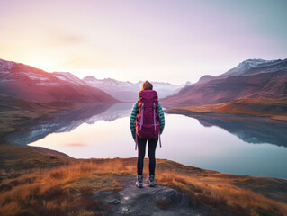 A young female hiker wearing a blue down jacket and purple backpack looks out onto a lake at dawn. Her back is to the camera. 