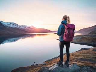 A young blonde female hiker wearing a blue down jacket and purple backpack looks out onto a lake at dawn. Her back is to the camera. 