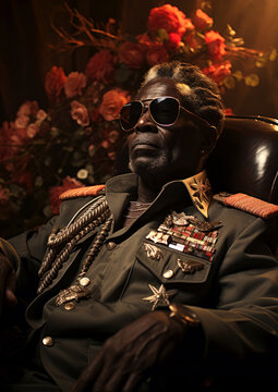 fictional african dictator wearing sunglasses . Generative AI