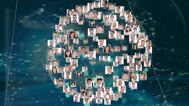 Animation of profile picture of diverse people on globe over connected dots against blue background