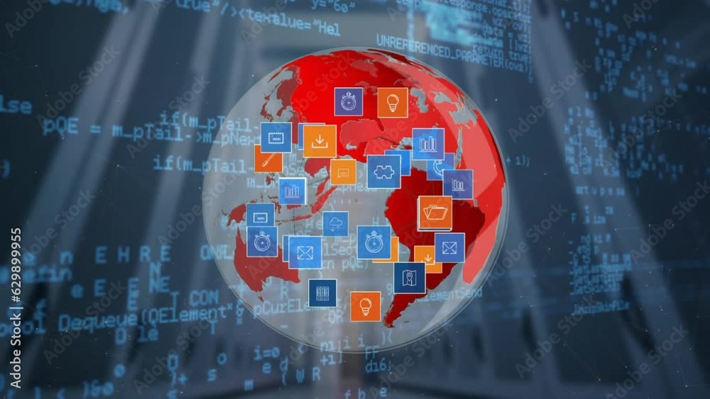 Poster animation of icons on globe over computer language against low angle view of server room