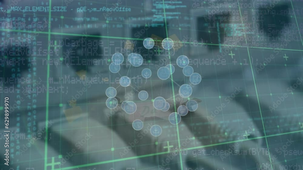 Poster animation of icons forming globe and computer language over ethernet cables connected to modem