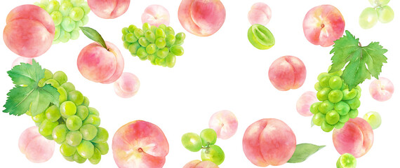 ジューシーな桃とマスカットのバナー背景。水彩イラスト。コピースペースあり。横長サイズ。

