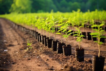 saplings planted in a row, symbolizing reforestation - obrazy, fototapety, plakaty