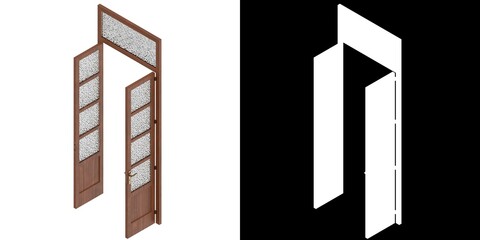 3D rendering illustration of a wooden door with glass panels and transom