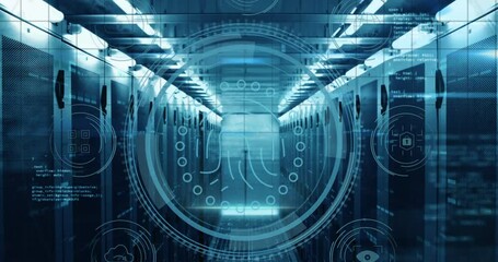 Animation of data protection text, fingerprint in circles, icons, computer language on server room - Powered by Adobe