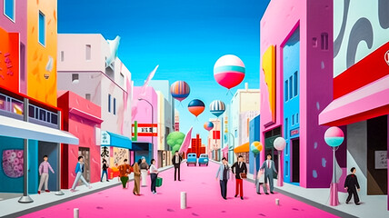 Fototapeta na wymiar Illustration de paysage urbain coloré, rue dans la ville - Générative IA