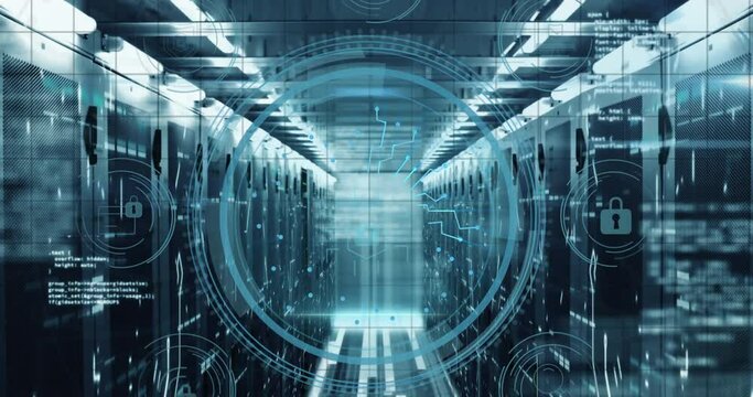 Animation of cyber security text, padlock in circle with icons over computer language on server room