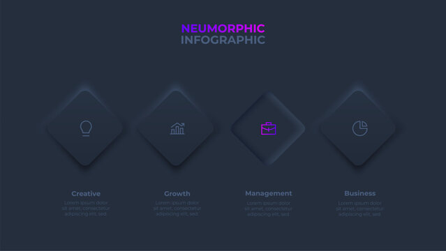 Dark neumorphic infographic with 4 steps, options, parts or processes. Rhombuses are arranged horizontally in a row. Button click visualization
