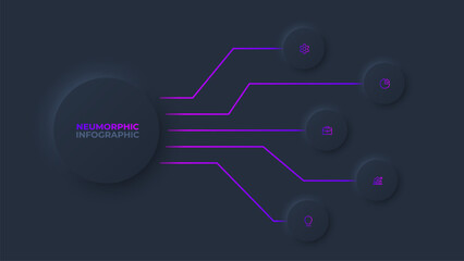 Neumorphic infographic design template. Dark business data visualization with 5 steps, options, parts or processes
