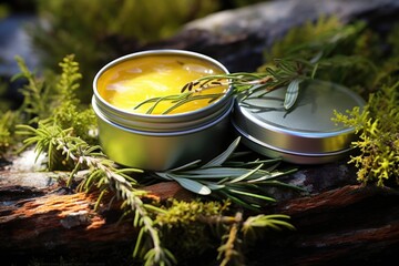 healing salve with herbal ingredients in a tin - obrazy, fototapety, plakaty