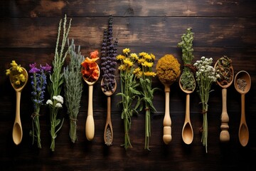 selection of medicinal herbs in wooden spoons - obrazy, fototapety, plakaty