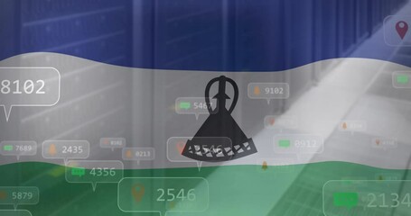 Animation of numbers and icon in notification bars over lesotho flag against server room - Powered by Adobe