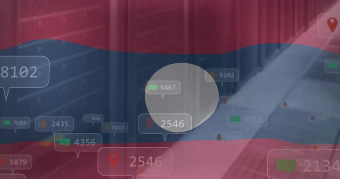 Animation of numbers and icon in notification bars over flag of laos against server room