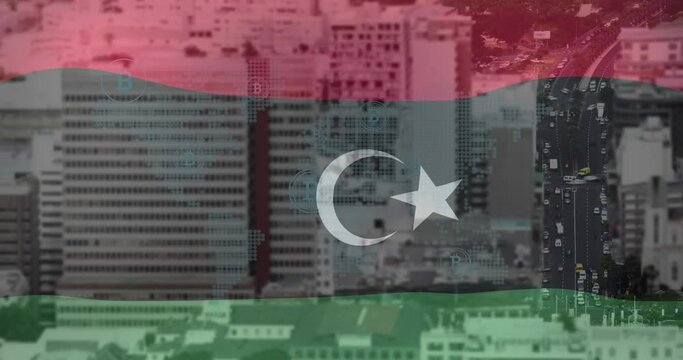 Animation of map and bitcoin icons over flag of libya against time-lapse of vehicles on street