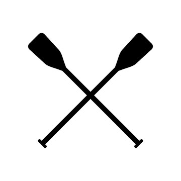 Two black silhouette of crossed oars. Rowing oars. Water sport. Icon of boat oars,