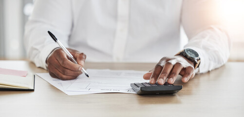 Person hands, calculator and documents for writing financial information, taxes management and...