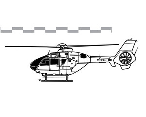 Eurocopter EC135, Airbus Helicopters H135. Vector drawing of light utility helicopter. Side view. Image for illustration and infographics.