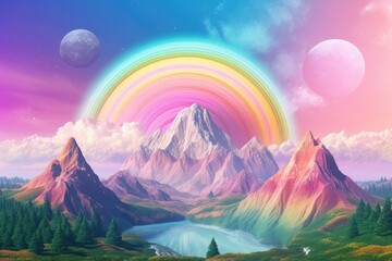 A planet in universe with other life , mountains, moon and rainbow in pastel colors. Generative Ai.