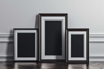 A3, A4, dark, black, white, and brilliant wooden frames hung on the white wall background. Generative AI