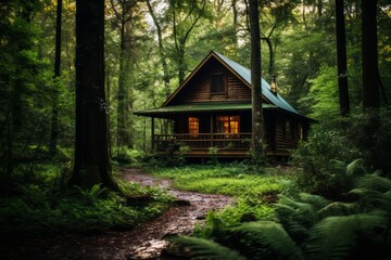 Rustic Cabin Nestled in a Peaceful Forest Clearing, Generative AI 