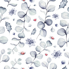 Watercolor Christmas seamless pattern with floral elements, eucalyptus, cones, flowers and berries. new year decor background