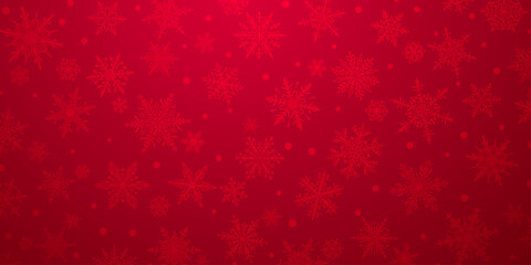 Naklejka na ściany i meble Christmas background of beautiful complex snowflakes in red colors. Winter illustration with falling snow