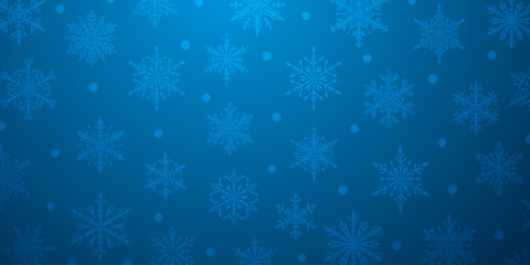 Fototapeta na wymiar Christmas background of beautiful complex snowflakes in blue colors. Winter illustration with falling snow