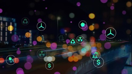 Animation of icon in circles over lens flares and time-lapse of vehicles moving against buildings - Powered by Adobe