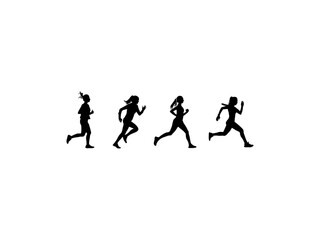 Set of women running action silhouettes. Healthy running, Silhouette female runner, Abstract running women. Sport run athlete girl. Female marathon jogging vector illustration.