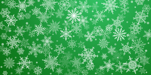 Christmas background of beautiful complex snowflakes in green colors. Winter illustration with falling snow